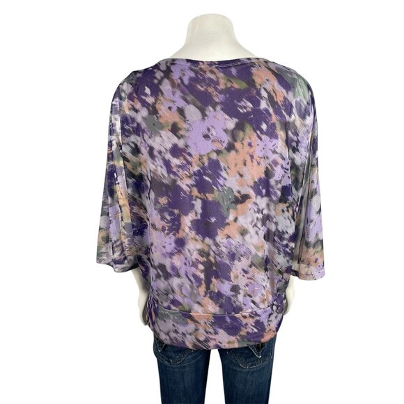 Chicos Purple Watercolor 3/4 Sleeve Double Layer Shirt 1 Medium Mesh Top Blouse - Picture 3 of 7